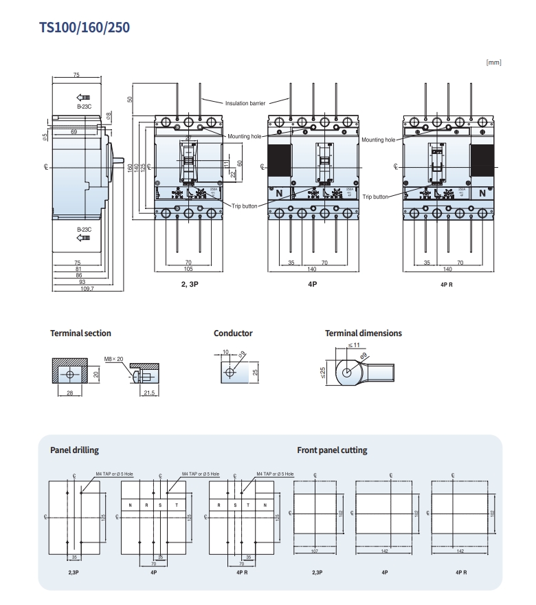 mccb ls ts100 ts160 ts250 2p 3p 4p kich thuoc cad