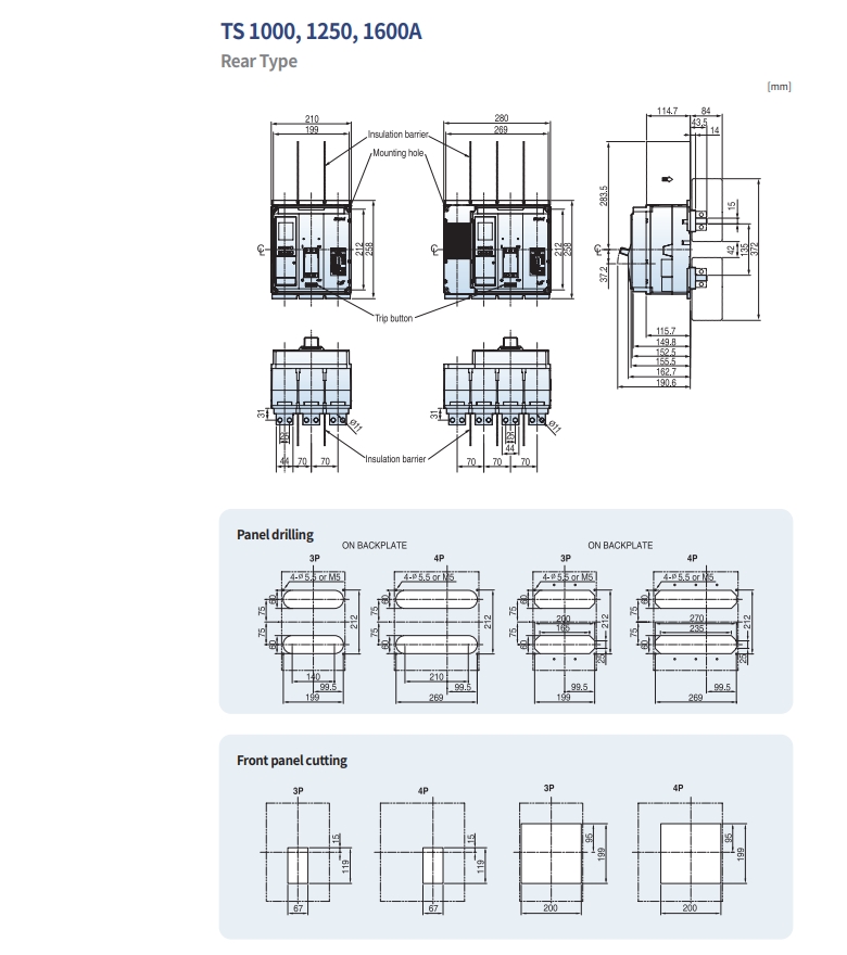 mccb ls ts1000 ts1250 ts1600 3p 4p rear type kich thuoc cad
