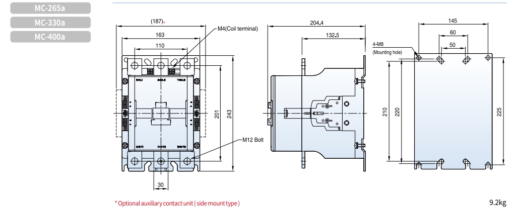 kich thuoc contactor ls mc-265a mc-330a mc-400a