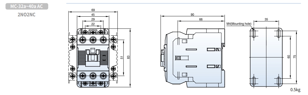 kich thuoc contactor ls mc-32a mc-40a ac 2no2nc