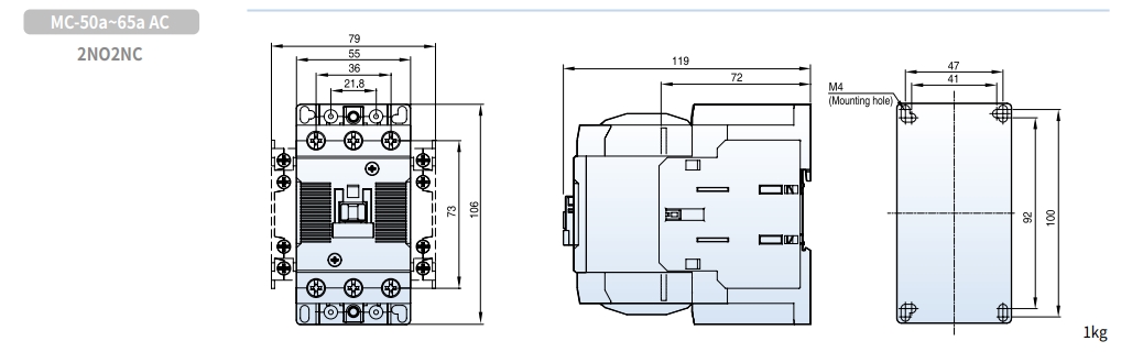kich thuoc contactor ls mc-50a mc-65a ac 2no2nc