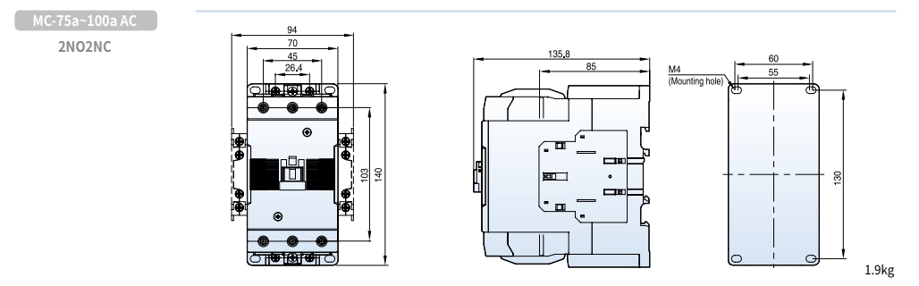 kich thuoc contactor ls mc-75a mc-85a mc-100a ac 2no2nc