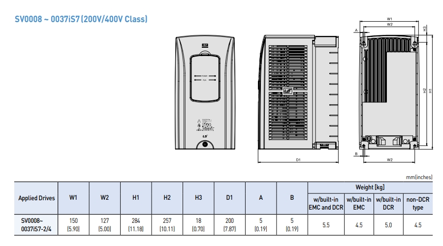 kich thuoc bien tan ls is7 ip21 type 0.75kw 1.5kw 2.2kw 3.7kw 200v 400v