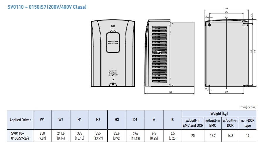 kich thuoc bien tan ls is7 ip21 type 11kw 15kw 200v 400v