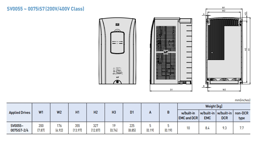 kich thuoc bien tan ls is7 ip21 type 5.5kw 7.5kw 200v 400v
