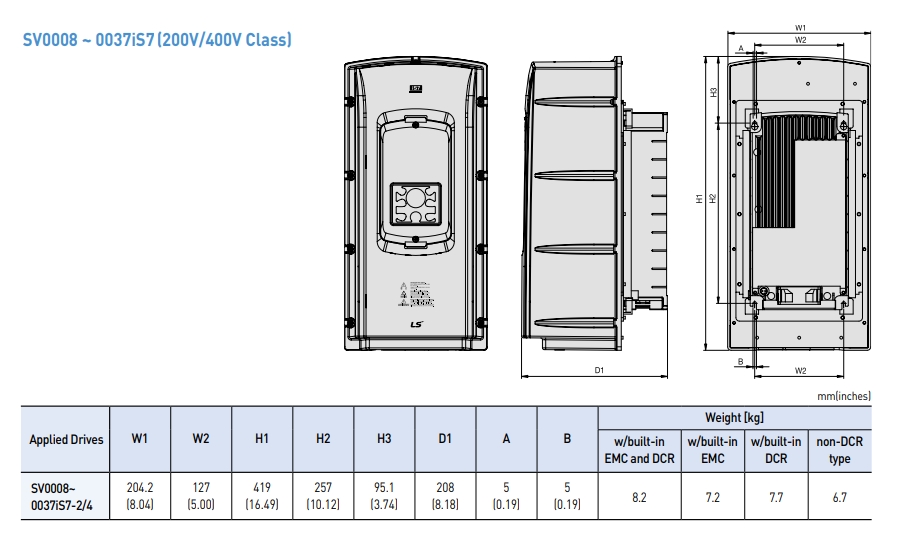 kich thuoc bien tan ls is7 ip54 type 0.75kw 1.5kw 2.2kw 3.7kw 200v 400v