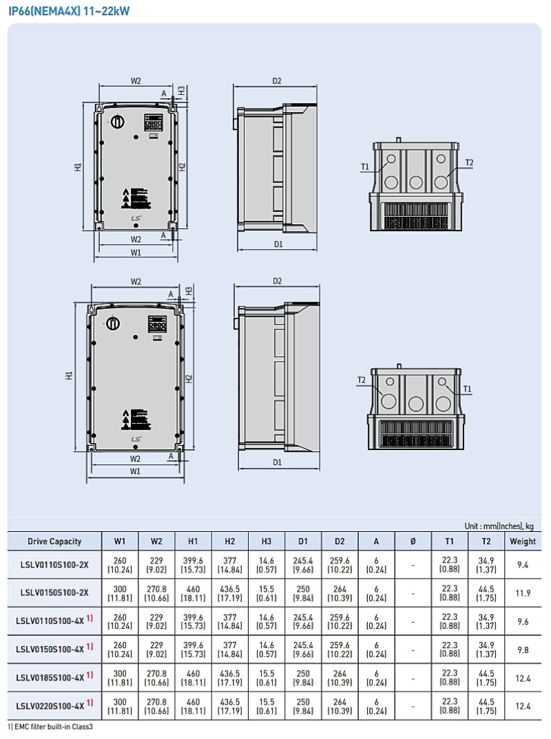 kich thuoc bien tan ls s100 ip66 11kw 15kw 18.5kw 22kw emc filter