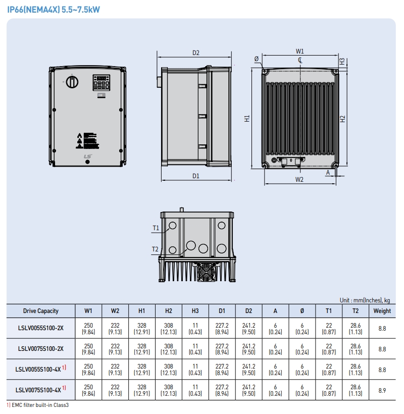 kich thuoc bien tan ls s100 ip66 5.5kw 7.5kw emc filter