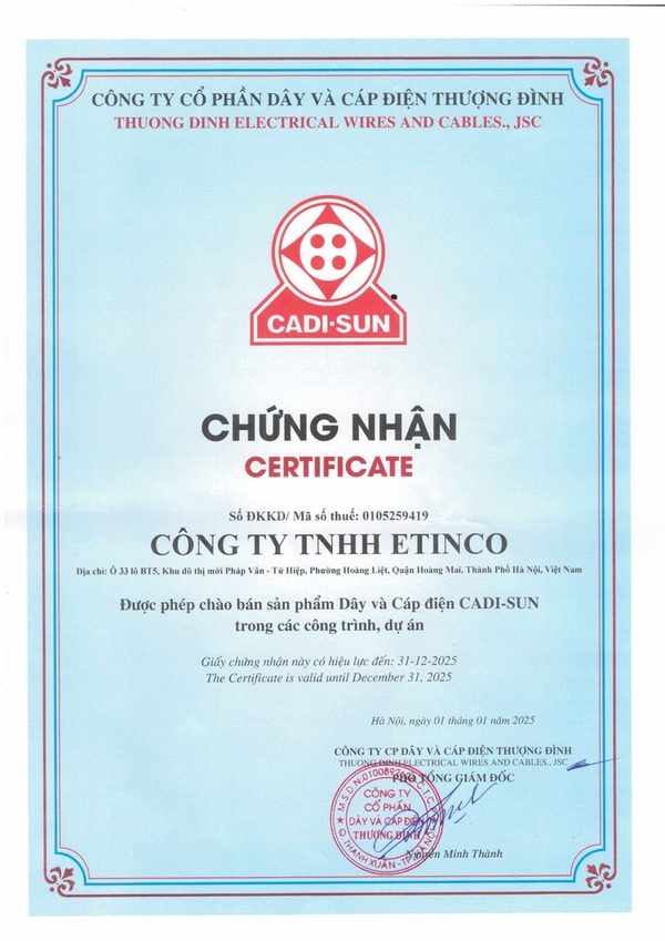 chung nhan cadisun - etinco 2025