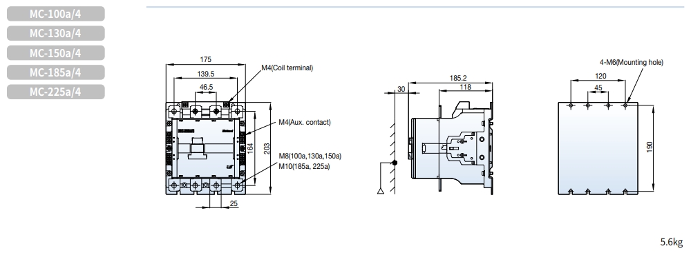 kich thuoc contactor ls mc-100a4 mc-130a4 mc-150a4 mc-185a4 mc-225a4